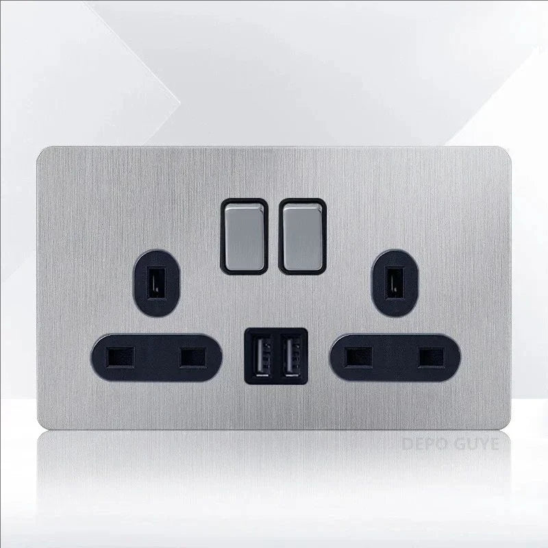 Retro EU France Socket Stainless Steel Brushed Double Power Outlet Toggle Metal Lever 1-4 Gang 2Way Wall Light Switch Panel RJ45