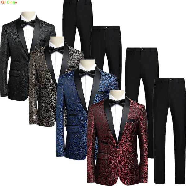 2027 New Men's Two-Piece Suit Set: Jacquard Jacket Paired with Black Pants, Perfect for Weddings, Parties, Stage Performances.