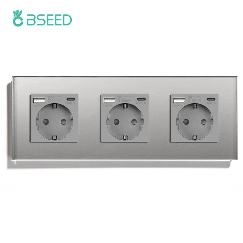 BSEED EU Standard Sockets Single Wall Socket Double Frame Socket with USB Outlets Glass Panel Triple Type-C Sockets For Home