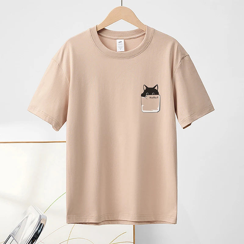 Summer New 100% Cotton Cat Printed Men T-shirts Short Sleeve Casual Solid Color Simple Thin Men Tops BOK0121