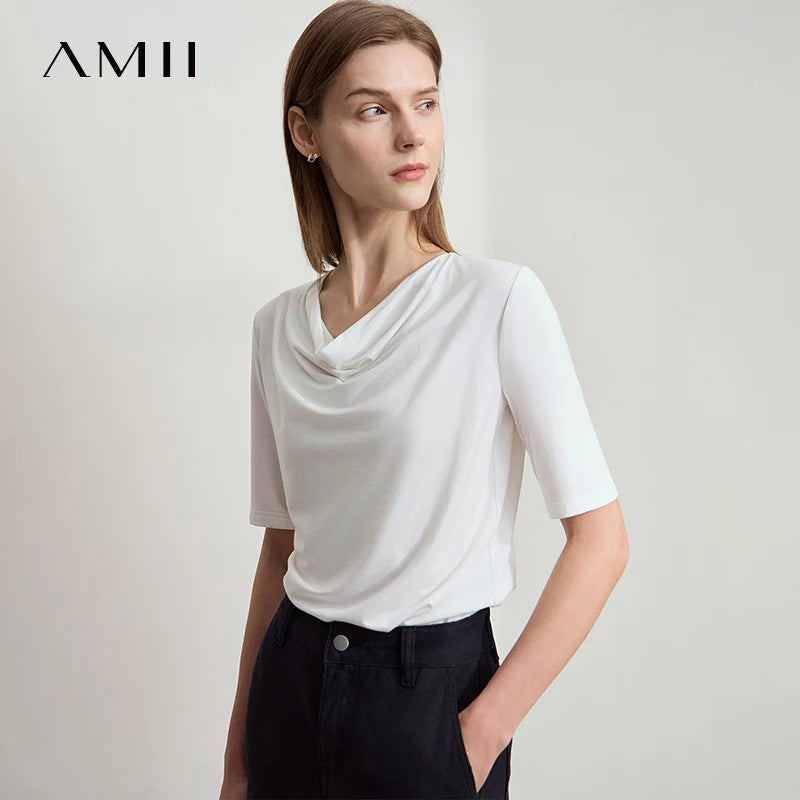 អាវយឺត Amii Minimalist សម្រាប់ស្ត្រី កអាវប៉ាក់ ដៃខ្លី ប៉ាក់ដោយក្រណាត់យឺត អាវប៉ាក់ច្រើនមុខងារ 12542061