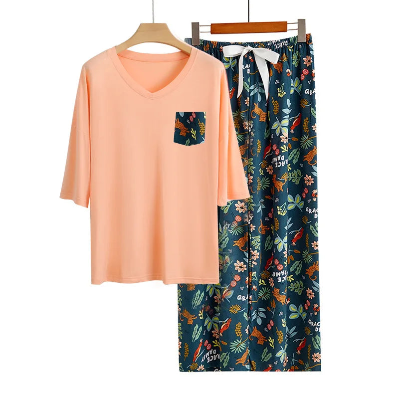Modal Comfortable Women's Sleepwear Loose Short Sleeve Trousers Sets Printed Home Suit For Women Loungewear Pajamas Clothes