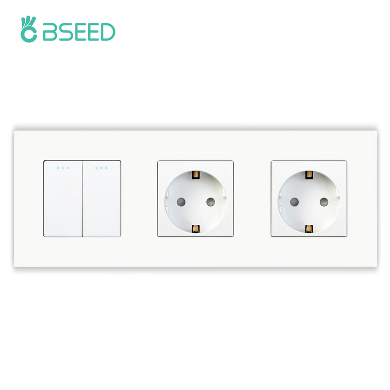 BSEED EU Mechanical Wall Light Switch With Wall Socket 1/2/3Gang 1Way Plastic Panel Double Sockets Triple Power Outlets 250V