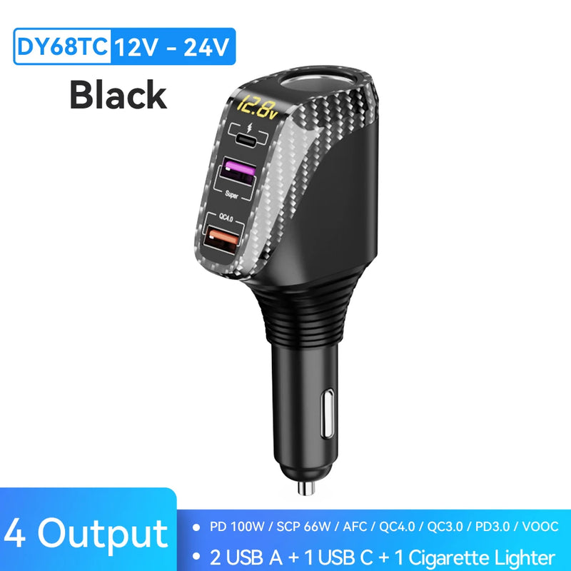 ឆ្នាំងសាករថយន្ត USB 100W សាកលឿន QC3.0 QC4.0 PD3.0 SCP 4 ក្នុង 1 សាកថ្មលឿនសម្រាប់រថយន្ត iPhone 12 13 Xiaomi Huawei Samsung