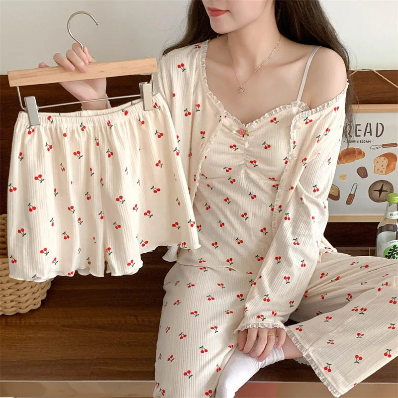 Women’s Loungewear Night Wear for Ladies Nightie Female Clothing Chest Pads Four-piece Pajamas New Spring Autumn Pyjama Pijama
