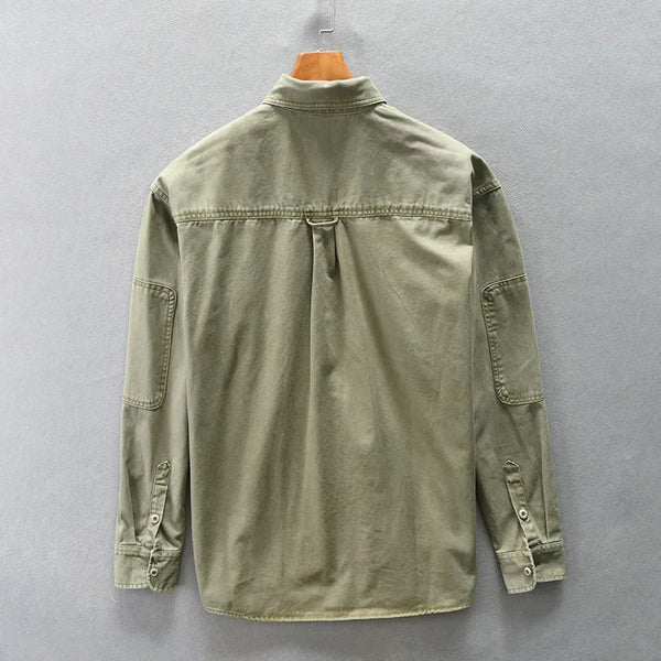 Spring Autumn Cargo Casual 100% Cotton Multi-pocket Shirts for Men Loose Retro Solid Color Comfortable Tops AZ753