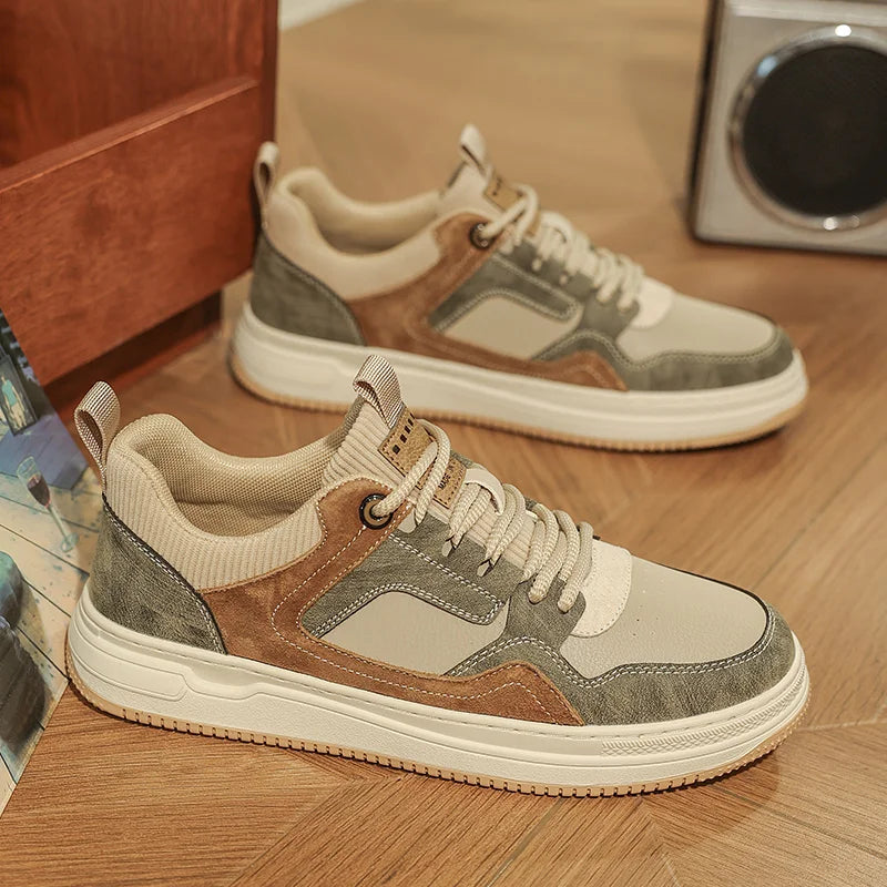 Mens Board Shoes 2025 New Fashion Lace Up Leather Commuting Snug Four Season Board Shoes Breathe Anti Slip Casual Sports Shoes