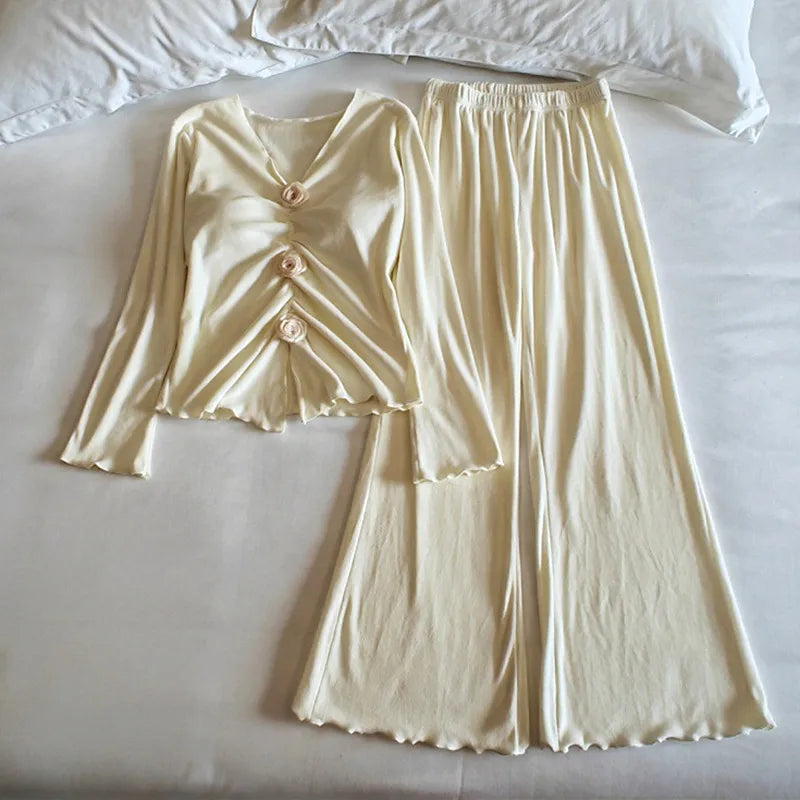 Warm Winter Nightwear Sexy V Neck Chest Pad Top Pant Suit Island Velvet Pajama Set Woman Korean Sleepwear For Sleeping Home