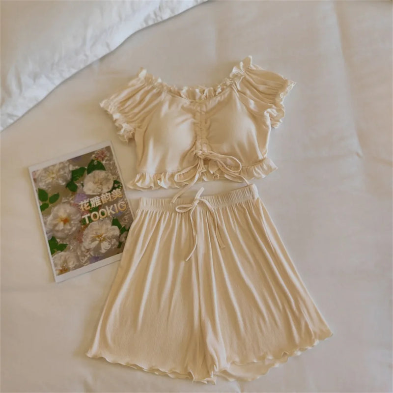 Summer Woman Pajamas Shorts Nightwear Chest Pads Pijama 2 Piece Sets Sleepwear Women's Pajamas Home Suit Pyjamas Female Clothing