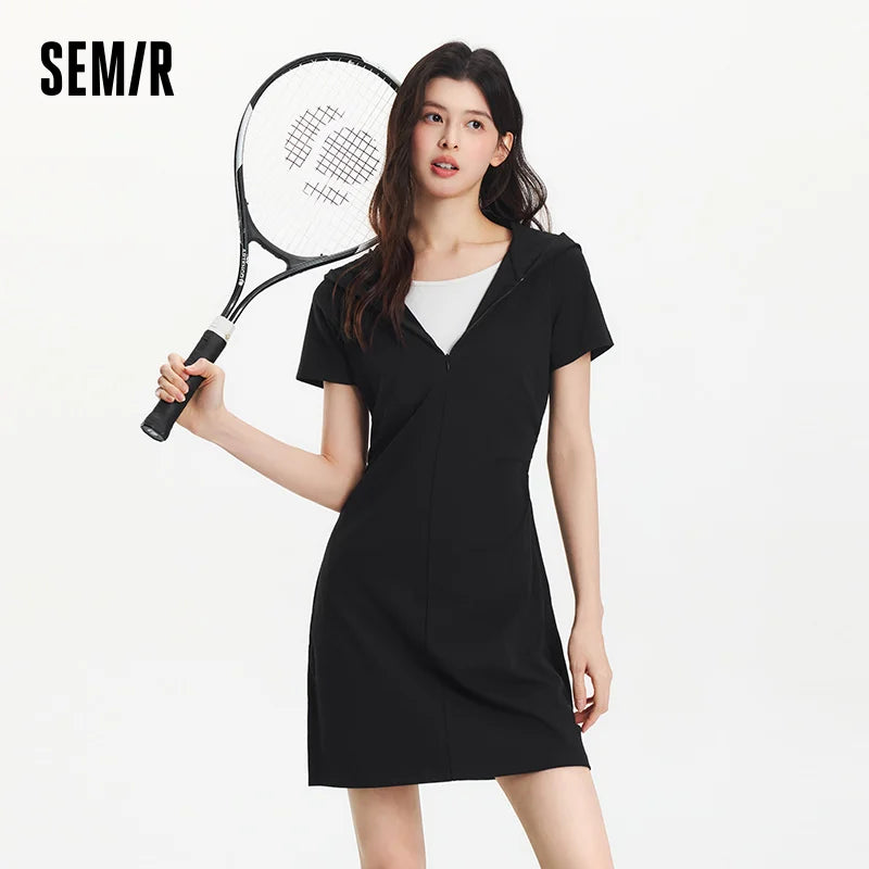 Semir Women Dress Hooded 2026 Faux Two Piece Slim Fit Pleated Waist Urban Casual Everyday Style Soft Comfortable Daily Wear