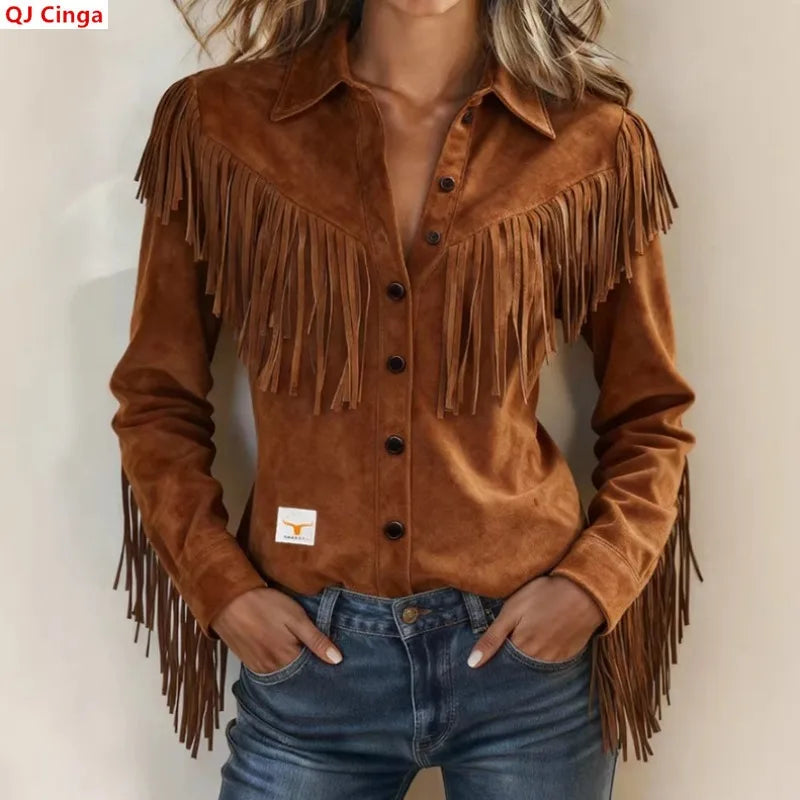 Women's Brown Long-sleeve Collared Shirt with A Slight Stretch, Made of Corduroy Fabric; Available in White or Gray.