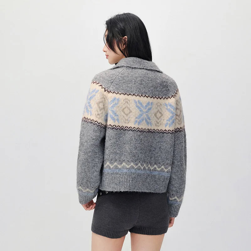 Semir Women Knit Cardigan Geometric Jacquard Loose Fit Raglan Sleeve Vintage Style 2026 New Winter Daily Wear Everyday Wardrobe