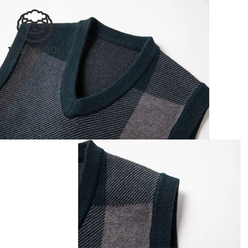 100% Wool Men's V-neck Vest, Warm for Spring and Autumn, Daily Versatile Pullover Vest.Stretchable M-4XL
