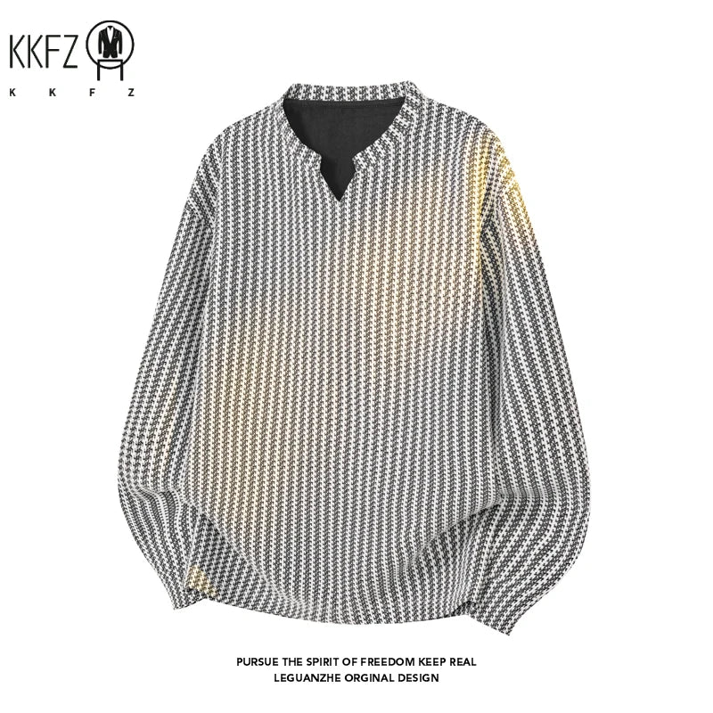 Male Relaxed Oversized V Notch Long Sleeve Top Houndstooth Knit Pattern Lightweight Fabric For Holiday Daily Styling