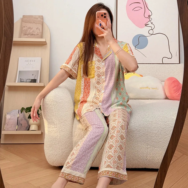Floral Short Sleeve Sleepwear Female Nightwear Pyjamas Women Summer Pajamas Lapel Top Trousers Home Suit Loungewear Set Pijama
