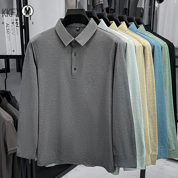 Mens Classic Heather Polo T Shirt Lapel Style Long Sleeve Button Placket Comfort Top For Daily Work And Outdoor Wear