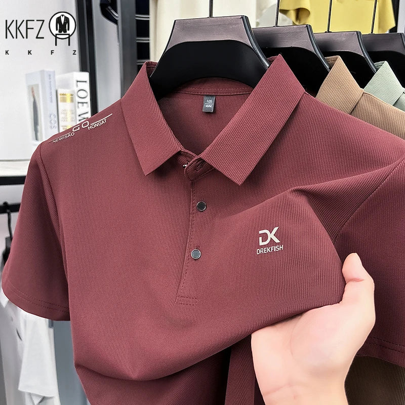 Mens Classic Short Sleeve Polo Shirt Lapel Style Chest Embroidery Detail Breathable Top For Daily Commute And Outdoor Use