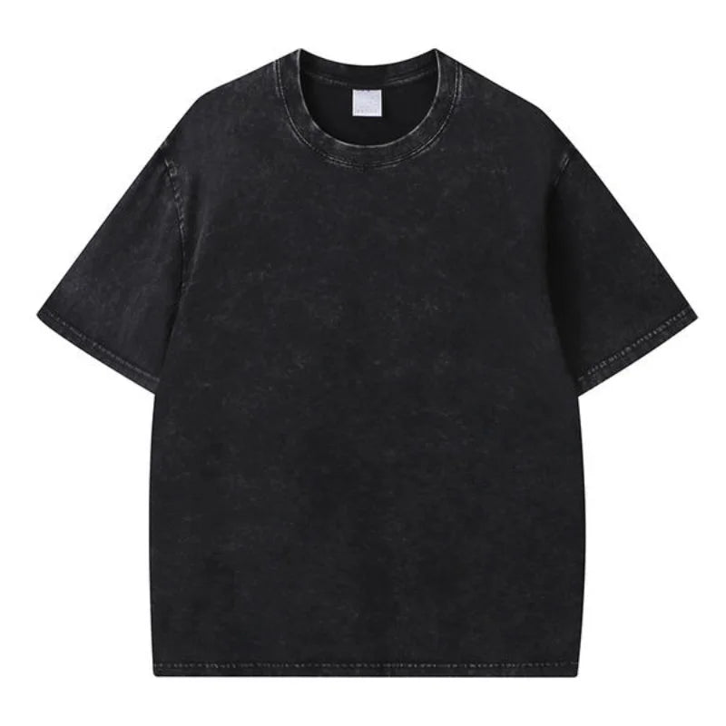 American Style Retro Washed Snowflake Short Sleeve round Neck T-Shirt Large Size Bleach Stain  Heavyweight Summer Top