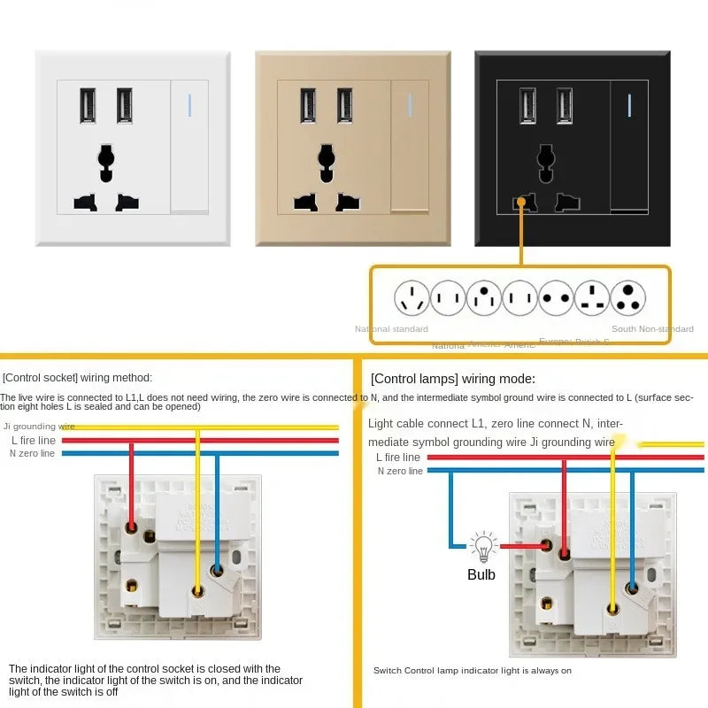 Depoguye Universal USB wall socket with light switch, 2.1A dual USB phone charging port, switch control socket  AC110V -250V