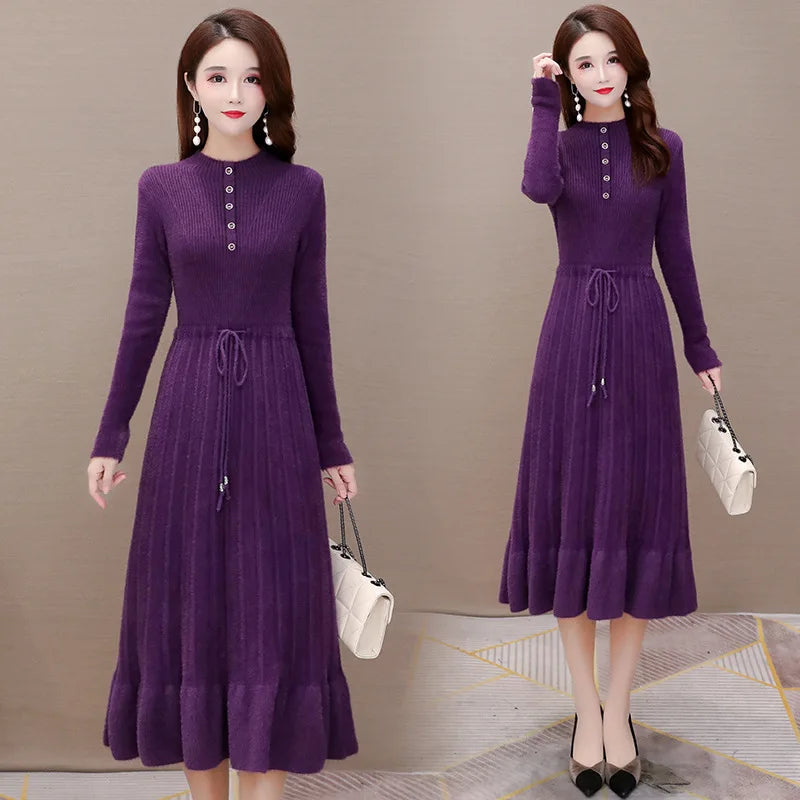 រ៉ូបវែងមធ្យមធ្វើពីរោមចៀម Mink Cashmere ថ្មី ទន់ ក្តៅ ពាក់ជាមូលដ្ឋាន អាវយឺតស្តើងសម្រាប់ស្ត្រី រដូវស្លឹកឈើជ្រុះ រដូវរងា សម្លៀកបំពាក់ប៉ាក់ អាវក្រៅស្ត្រី