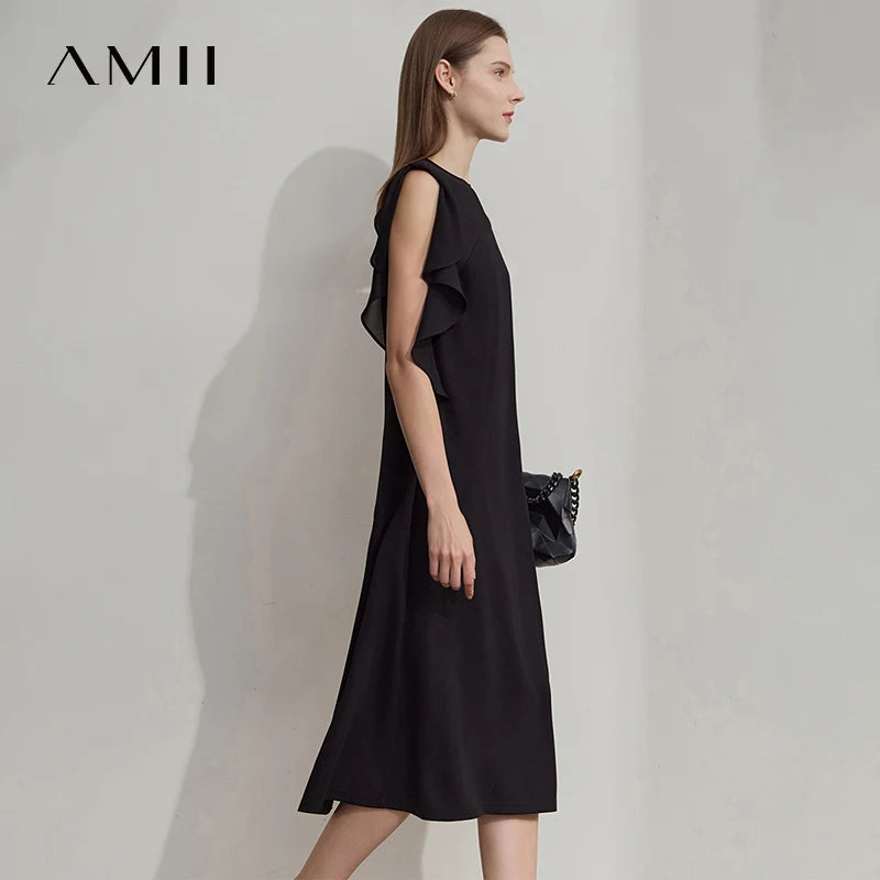 AMII រ៉ូបរដូវក្តៅបារាំងថ្មីសម្រាប់ស្ត្រី កមូលរាងមូល រំយោល សម្ភារៈរំយោល ដៃអាវគ្មានដៃ រ៉ូបសម្រាប់ស្ត្រី ងាយស្រួលប្រើ 12552021