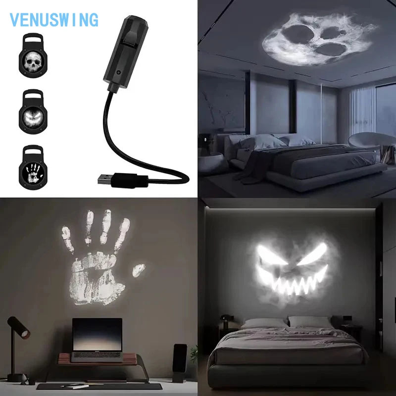 ម៉ាស៊ីនបញ្ចាំង LED Halloween មាន 3 របៀប លំនាំភ្លើងពេលយប់ដែលអាចបំភាន់វិញ្ញាណបាន ម៉ាស៊ីនបញ្ចាំងបង្អួចដែលដំណើរការដោយ USB សម្រាប់ជញ្ជាំងពិដានពិធីជប់លៀង