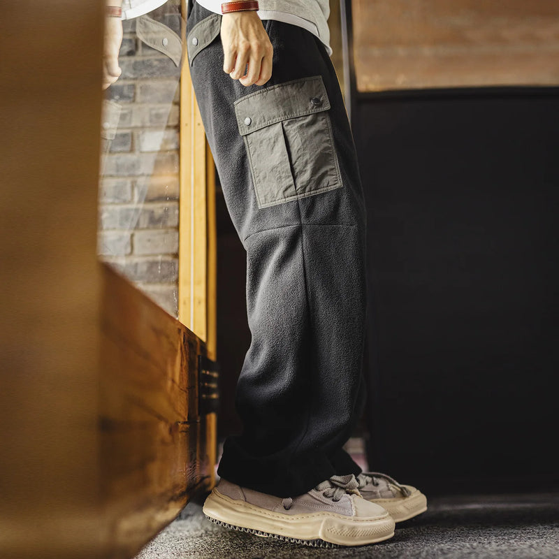 Maden Vintage Men's Brushed Fleece Sweatpants Black Cuffed Thermal Casual Pants Elastic Waist Multi-Pocket Trousers for Winter