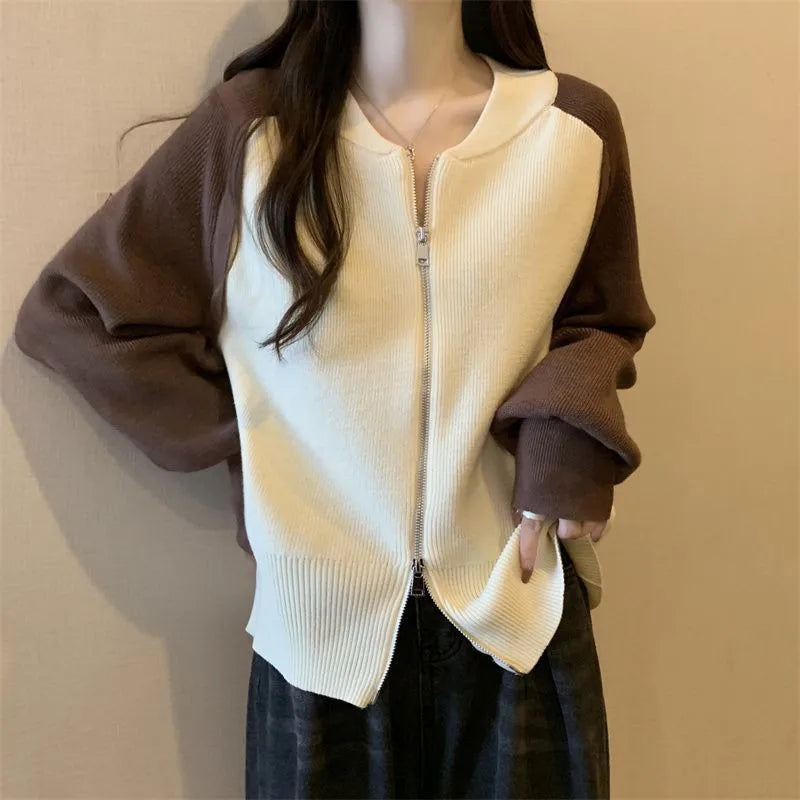 អាវក្រៅ Cardigans ពណ៌ផ្ទុយគ្នាសម្រាប់ស្ត្រី អាវក្រោះក្រាស់ថ្មីសម្រាប់ស្ត្រី អាវក្រៅនិទាឃរដូវរដូវស្លឹកឈើជ្រុះ
