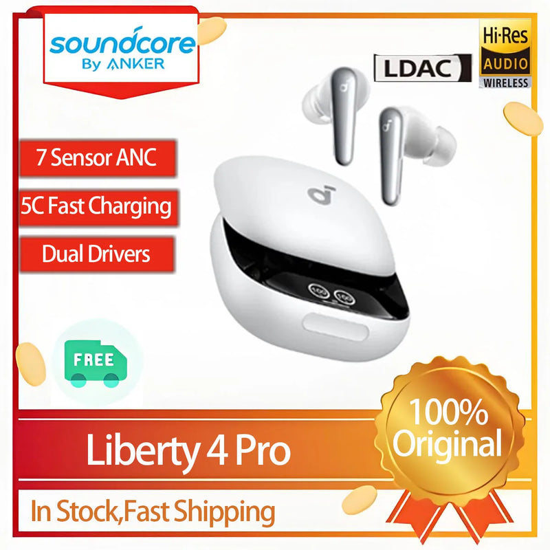 កាសស្តាប់ត្រចៀក Soundcore Original Liberty 4 Pro កែសម្រួលកម្រិត ANC ជាមួយ Touch Bar Bluetooth 5.3 TWS មានមីក្រូហ្វូន 6 គ្រាប់ ការហៅទូរស័ព្ទច្បាស់ កាស IPX5