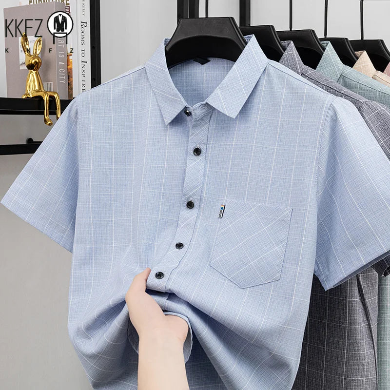 Mens Regular Fit Plaid Pattern Short Sleeve Shirt Turn Down Collar Tops For Men Daily Office And Work