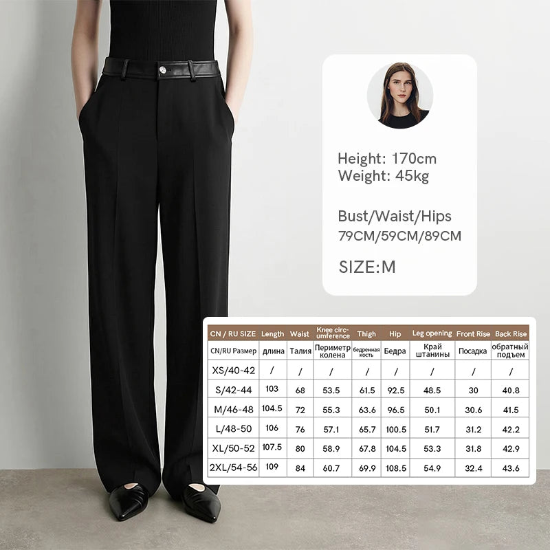 Amii Straight Leg Women Pants Faux Leather Spliced Commuting Autumn New 2026 Comfortable Smooth Drape Pants For Woman 12643011