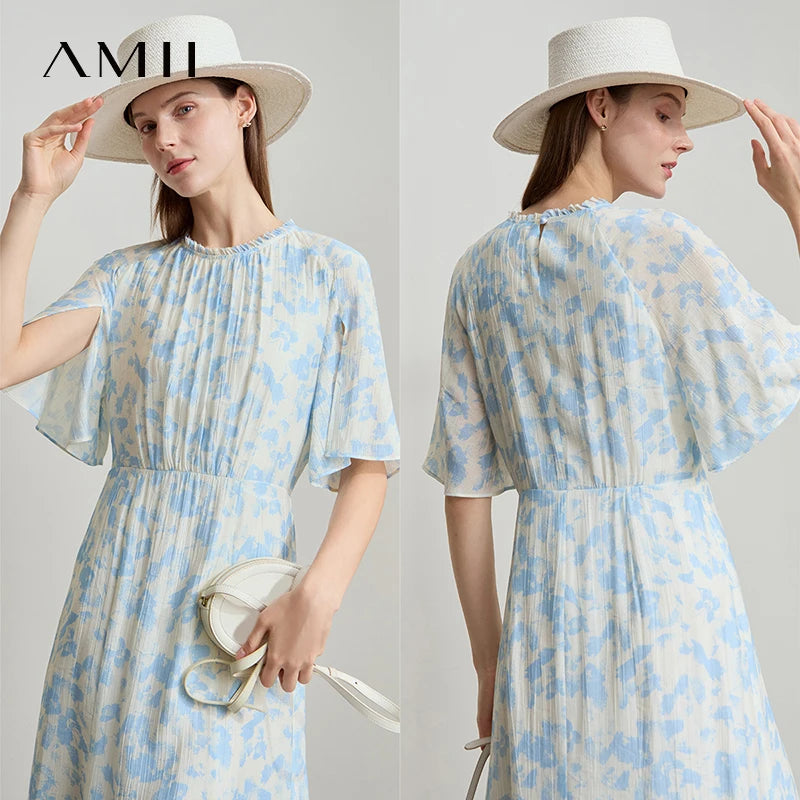 AMII រ៉ូបវែងដៃខ្លីបោះពុម្ពបែបសាមញ្ញសម្រាប់នារីទាន់សម័យឆ្នាំ ២០២៦ រ៉ូបថ្ងៃកំណើតកមូលបែបប្រណីត 12522153