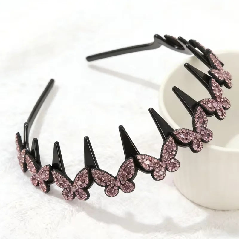 Rhinestone Butterfly Wavy Headband Fashion Sparkling Korean Style Anti-slip Toothed Headband Face Washing Hair Accessories Women
