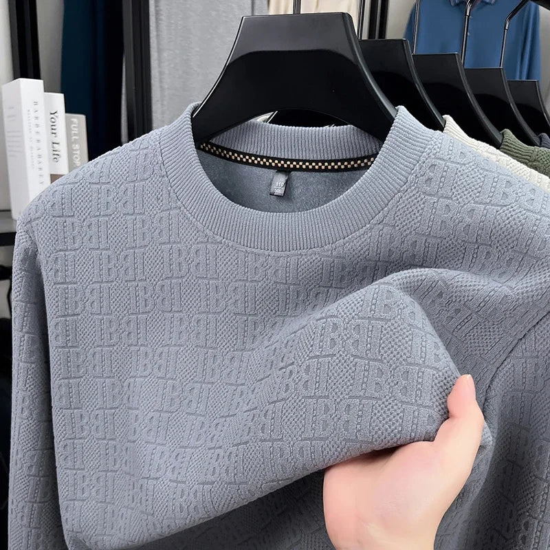 Mens Winter Long Sleeve Knit Top All Over Embossed Pattern Fleece Lined Round Collar Comfort Business Shirt