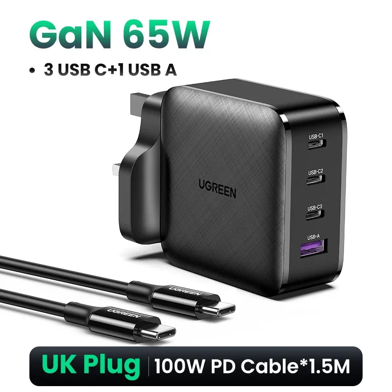 UGREEN UK Plug GaN 100W 65W Fast Charger QC 4.0 3.0  for Macbook Air Tablet iPhone 18 17 16 Pro Max Xiaomi USB Type C PD Charger
