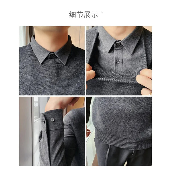 Thickened Winter Thermal Shirt-Sweater Hybrid - Men's Warm Fleece-Lined Base Layer Top for Business Casual & Daily Wear