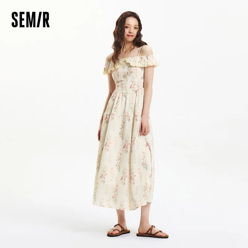 Semir Dress Women Floral Print Country Style Vacation 2025 New Summer Ruffled Waist-Cinching Strappy Dress Chic Looks