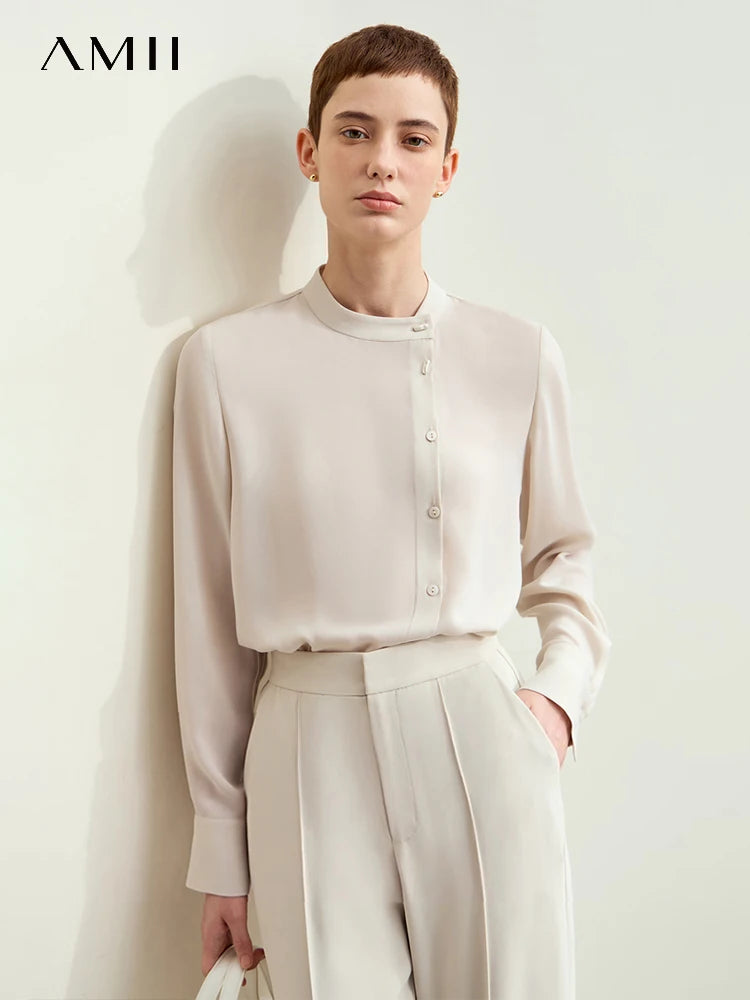 អាវ Amii Minimalism Chiffon សម្រាប់ស្ត្រីឆ្នាំ ២០២៥ រដូវស្លឹកឈើជ្រុះថ្មីកអាវឈរ Shell Buckle Basic អាវនិងអាវទ្រនាប់រលុងធម្មតា ១២៤២៣០៣៣