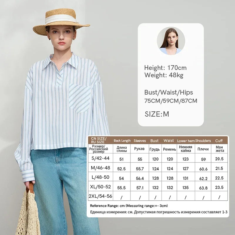 អាវ AMII Minimalist 100% កប្បាសសម្រាប់ស្ត្រី រដូវស្លឹកឈើជ្រុះឆ្នាំ 2025 ថ្មី រលុង ដៃអាវឆ្នូតៗ ដៃអាវរាងដូចខ្សែសង្វាក់ដែក 12541111
