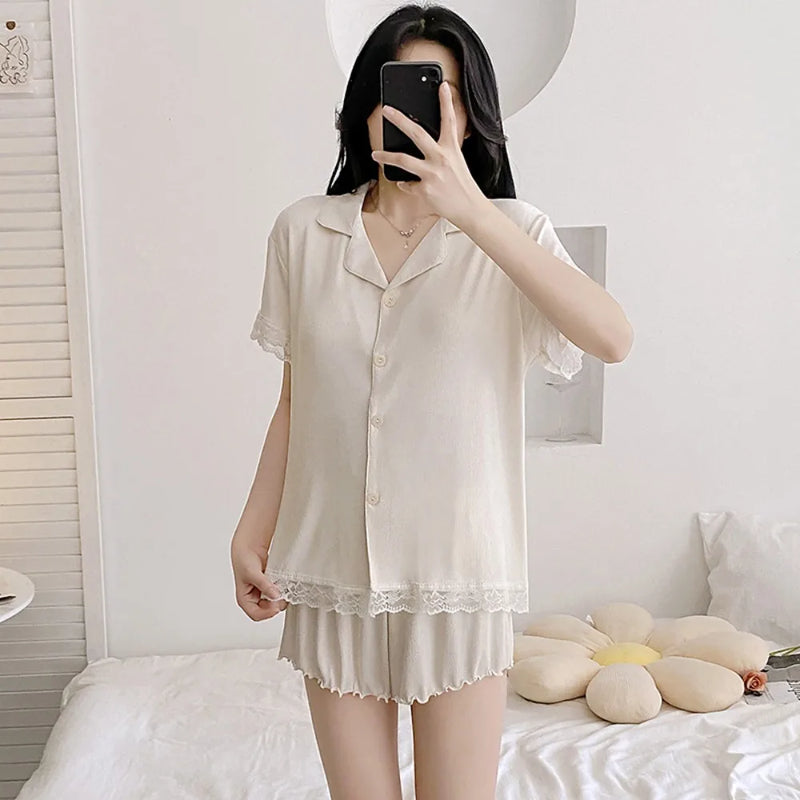 New Summer Pajamas Chest Pad Pink Sleepwear Short Sleeve Nightwear 2 Pieces Set for Woman Loungewear Sleep Lounge Wear Pijama