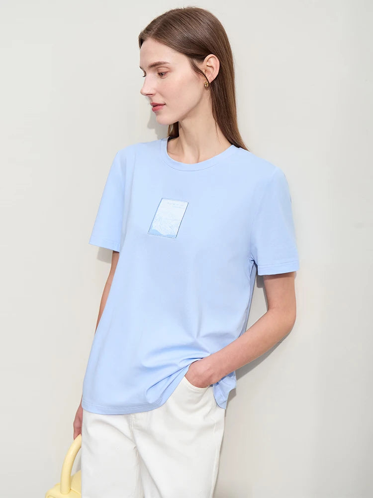 អាវយឺត Amii Minimalism 2025 សម្រាប់ស្ត្រីរដូវស្លឹកឈើជ្រុះថ្មី O-Neck កប្បាសប៉ាក់មូលដ្ឋានដៃខ្លីម៉ូដទាន់សម័យសម្រាប់ស្ត្រី 12422080