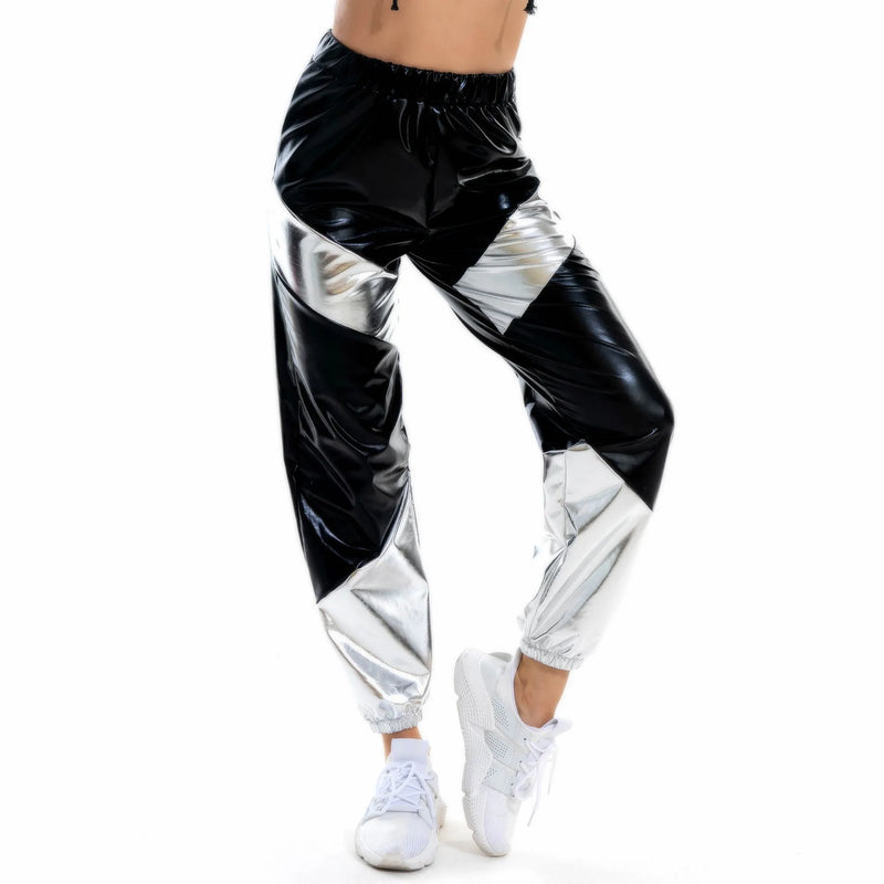 2026 New Women's Blue-Black Pants, Elastic Waist Color-Blocked Trousers, Perfect for Nightclubs/Parties/Dancing.