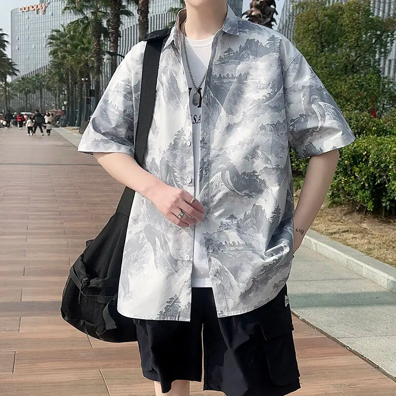 2026 Summer Men's White Short Sleeve Printed Shirt, Beach Vacation Shirts, White Black Gray Green Blue Loose Top, 2025 New