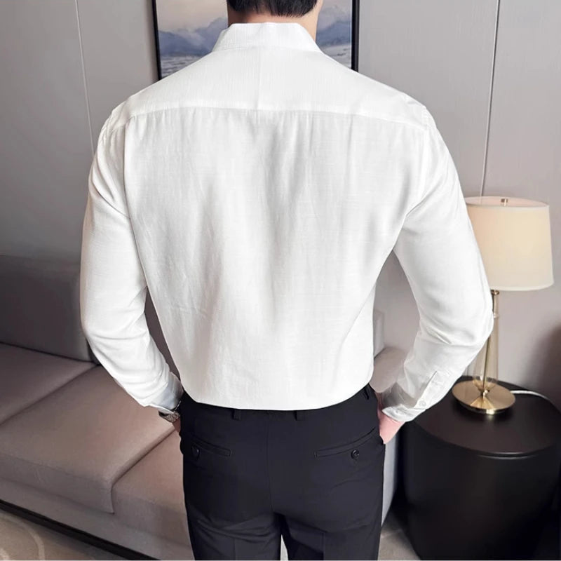 Men's Long-sleeve Slim-fit Stand Collar Shirt, Zhongshan Suit Style, Solid Color Shirt, Chinese Style Slim-fit Shirt.