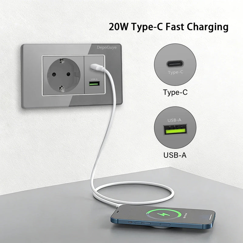 Type 118 Grey Tempered Glass Panel EU Wall Light Switch,Europe Wall Socket With USB Type-c 18W Quick Charge Outlet 118*75mm
