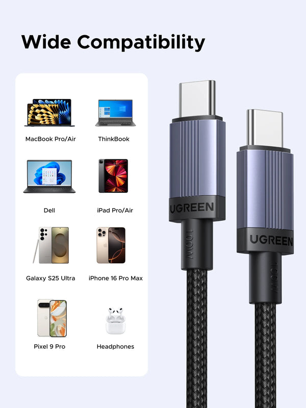 UGREEN PD 100W Cable USB C Fast Charging Cable 5A for Laptop MacBook iPad iPhone 17 16 Xiaomi Samsung S25 Type-C Data Cord