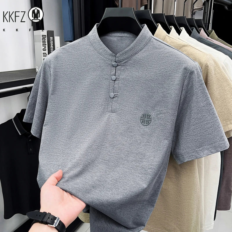 Men Mandarin Collar Short Sleeve T Shirt Casual Chinese Style Frog Button Top With Embroidery Breathable Summer Tee