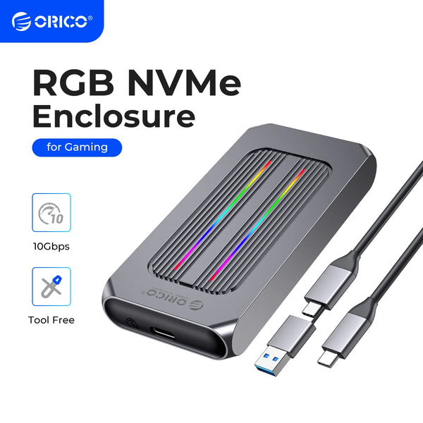 ORICO RGB M.2 SSD Enclosure 10Gbps M2 NVMe SSD Case All Aluminum USB3.1 Gen2 Case for Solid State Drive for Gamer Video Editing
