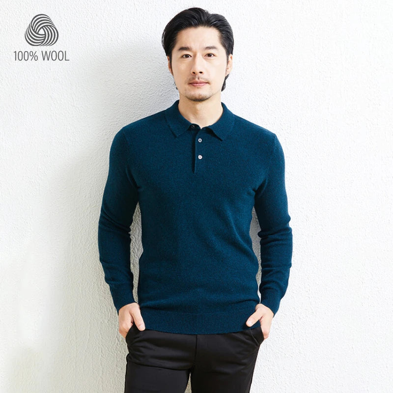 100% Wool. High-quality Men's Warm Sweater, Business Casual Stretchable POLO Shirt, Fall/winter Pullover Knitted Sweater.