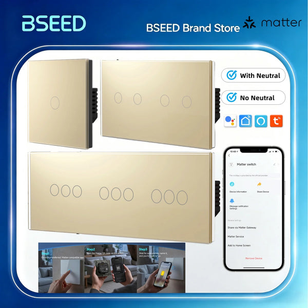 BSEED 1/2/3Gang Matter WIFI Touch Switch Smart Light Switch Work With Apple Home Tuya APP Google Assistant Alexa Voice Control